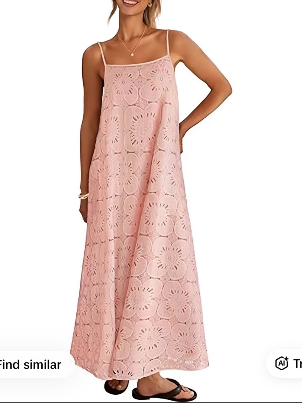 Spaghetti-Strap Pink Floral Cutwork Maxi Dress